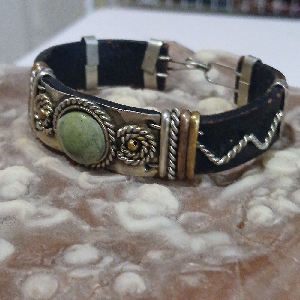 Leather Mixed Metal Bracelet With Gemstone